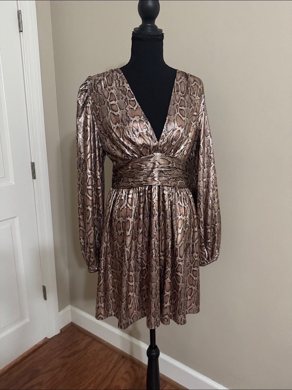 Metallic Snake-Print V-Neck Formal Dress in Brown